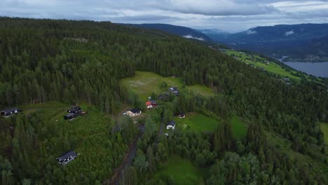 Atemberaubende-Luftaufnahmen-Von-Häusern-Neben-Wald-Und-Fjord-In-Norwegen