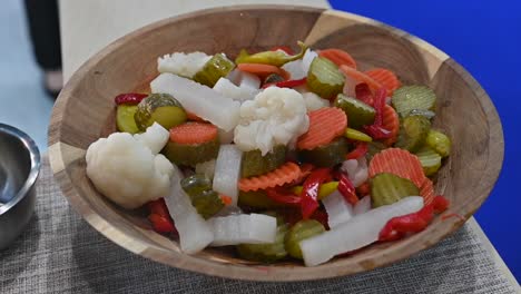 Mixed-vegetable-pickles-are-displayed-during-the-Gulf-Food-exhibition,-United-Arab-Emirates