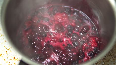 Close-up-of-red-berries,-blackberries-and-blueberries-being-cooked-in-slow-motion-in-a-pot