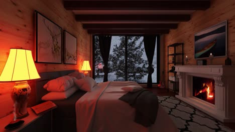 Ambient-and-cozy-cabin-in-the-woods-bedroom-animation,-fire-is-burning-and-giving-a-feeling-of-comfort,-warmth,-and-relaxation,-snow-falls-in-outside