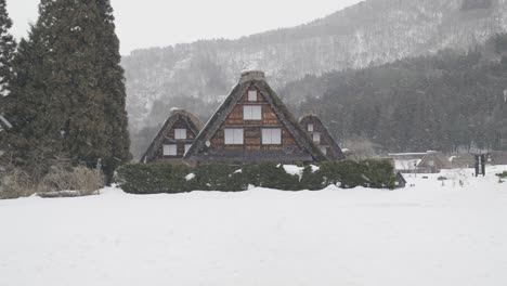 Three-traditional-houses-in-the-small-traditional-village-of-Shirakawago,-in-the-Japanese-Alps
