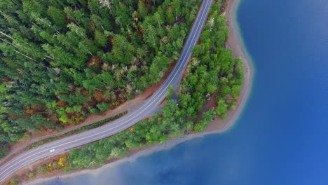 Cars-Moving-Along-Coastal-Rural-Road-Through-Forest-in-Port-Alberni-Region,-British-Columbia-Canada,-Aerial-Top-Down-Rising-Up-Orbital-View