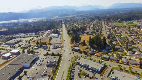 Cityscape-Aerial-View-of-Suburb-Commercial-Residential-District-and-Roads-in-Port-Alberni-Region,-British-Columbia-Canada