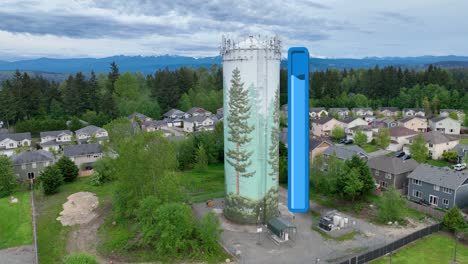Drone-shot-of-a-suburban-water-tower-with-an-animated-bar-showing-how-the-tank-is-currently-full