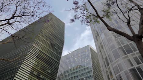 A-slow-motion-low-angle-shot-of-three-modern-buildings-in-Mexico-City,-and-some-trees-in-the-foreground-with-some-clouds-in-the-blue-sky