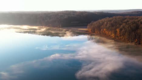 Wide-aerial-view-of-Lake-Monroe-in-Indiana-on-a-bright-and-foggy-morning