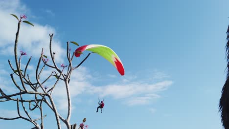 Freiheit-Paragliding-Adrenalin-Junkie-Sport,-Der-An-Einem-Sonnigen-Tag-Mit-Blick-Auf-Den-Strand-Durch-Himmel-Und-Klippen-Fliegt,-Um-Mit-Einem-Roten-Fallschirm-Zu-Reisen