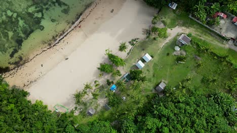 Luftaufnahme-Des-Malerischen-Weißen-Sandstrandes-Mit-Kleinen-Häusern-Und-Palmen-Auf-Der-Insel-Catanduanes