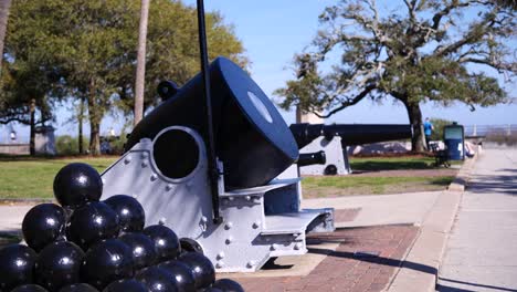 A-racking-focus-of-the-cannons-and-mortars-at-the-battery-in-charleston,-SC