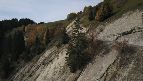 Rural-and-dangerous-road-along-mountain-rocky-slope,-Plateau-des-Glières-in-Haute-Savoie,-France