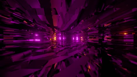 Abstract-purple-tunnel-animation,-moving-through-artificially-generated-shapes-with-lights-reflection-on-them