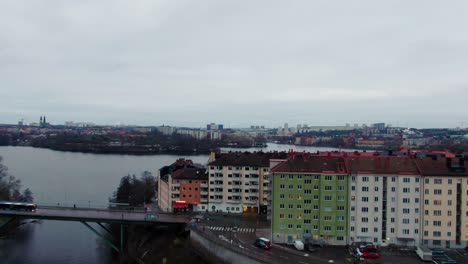 Soft-tilt-down-from-sky-on-to-capital-Stockholm-in-Sweden-on-grey-day
