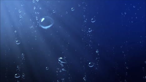 Underwater-air-bubbles,-rising-from-the-deep-toward-surface-with-light-rays-on-it,-concept-of-crystal-clear-blue-water
