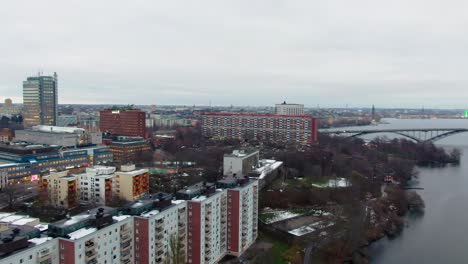 Drone-shot-over-urban-area-in-Stockholm-City-Sweden-on-winter-afternoon
