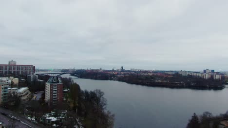Drone-shot-showing-various-islands-in-Stockholm-Sweden-on-winter-day