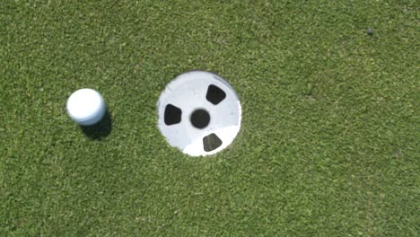 Golf-ball-going-into-hole-with-professional-putter-on-green