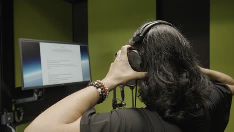 Singer-wearing-headphones-in-a-production-studio-before-recording-music,-slow-motion