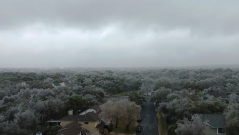 Frozen-icy-trees-in-Austin-Texas-suburban-neighborhood-during-cold-winter-freeze,-aerial-drone-rise-up-over-South-Austin-homes