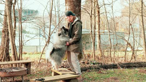 a-young-man-trains-with-his-fluffy-wolf-spitz
