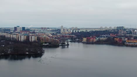 Stockholm-Sweden-on-cloudy-winter-day-in-bird's-eye-view-drone-shot