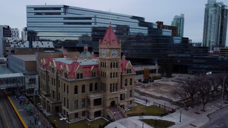 Aerial-shot-moving-up-of-Calgary-City-Hall