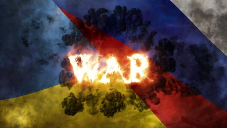 Der-Krieg-Steht-In-Brennenden-Buchstaben-Darüber-Und-Schwenkt-Brennende-Flaggen-Der-Ukraine-Und-Russlands,-Im-Hintergrund-Sterben-Bomben-Und-Ein-Soldat
