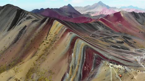 Rainbow-Mountain,-Peru,-Pan-right-to-left-aerial-shot