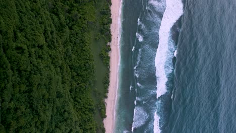 Top-down-drone-lowering-shot-of-big-waves-rooling-on-the-tropical-beach