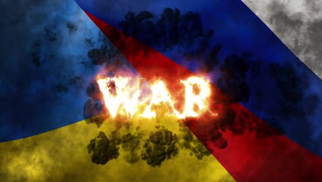 Krieg-In-Brennenden-Buchstaben-Darüber-Geschrieben,-Brennende-Flaggen-Der-Ukraine-Und-Russlands-Schwenkend,-Im-Hintergrund-Explodierende-Bomben
