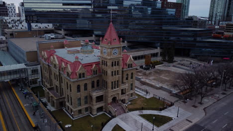 Aerial-shot-moving-down-of-Calgary-City-Hall