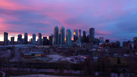 Aerial-of-Downtown-Calgary-at-Sunset-or-Sunrise-3