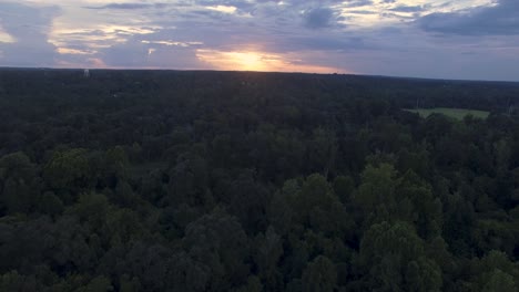 Sonnenuntergang-über-Baumkronen-4k-Drohnenflug-Im-Süden-Von-Alabama