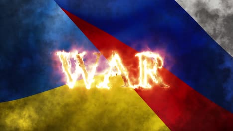 Krieg-In-Brennenden-Buchstaben-Darüber-Geschrieben,-Brennende-Flaggen-Der-Ukraine-Und-Russlands-Schwenkend