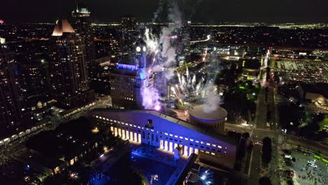 Front-View-of-Mississauga-City-Hall-Fireworks-Canada-Day-Night
