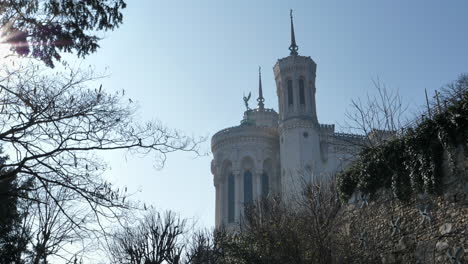 Basilica-Of-Notre-Dame-de-Fourvière-In-Lyon,-France---low-angle