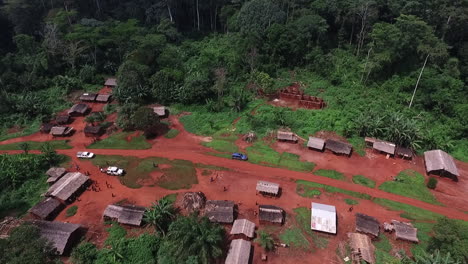 Aerial-view-around-a-poor-village-in-the-jungles-of-Cameroon,-Africa---orbit,-drone-shot