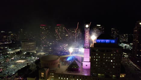 Backside-View-of-Mississauga-City-Hall-as-Fireworks-start-on-Canada-Day