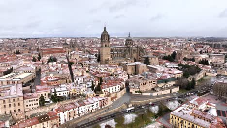 The-ancient-Cathedral-of-Salamanca,-Spain,-aerial-drone-view