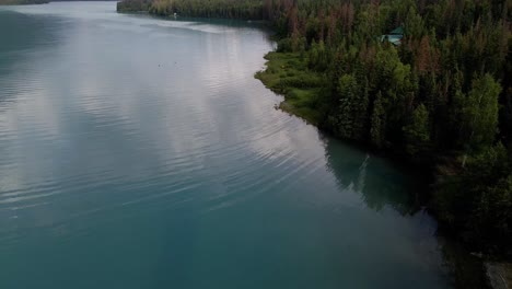 4K-aerial-drone-footage-along-forested-riverfront-in-Alaska-during-summer