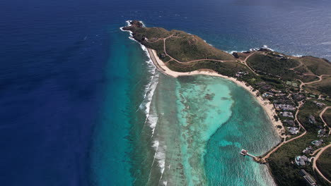 Aerial-View,-British-Virgin-Islands-Coastline,-Coral-Reefs-and-Beachfront-Resort