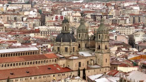 Aerial-view-of-the-Cathedral-of-Salamanca-in-a-snowy-winter-day