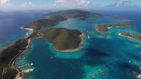 Islas-Vírgenes-Británicas,-Panorama-Aéreo-De-La-Costa,-Los-Arrecifes-De-Coral-Y-El-Paisaje