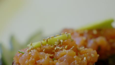 Macro-Shot-Of-Fresh-Plate-Of-Rolled-Tasty-Sushi,-Blurry-Background