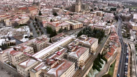 Salamanca-city--covered-in-snow,-aerial-drone-view