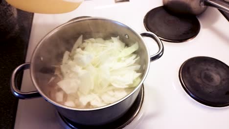 Male-hand-is-adding-cut-white-cabbage,-potatoes,-and-leek-to-the-soup---Cooking-Pork-Cabbage-Soup