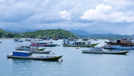 Local-boats-and-liveaboard-tour-boats-moored-in-calm-water-of-Labuan-Bajo-harbour-marina-in-Flores-Island,-Indonesia