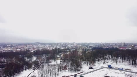 Wide-aerial-shot-above-a-Northern-European-city-covered-in-snow