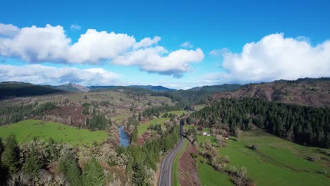 Beautiful-4K-landscape-aerial-drone-shot-overlooking-creek-bedding-in-Southern-Oregon