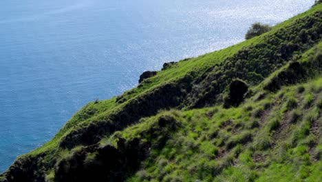 Steep-grass-covered-green-slopes-of-tropical-island-cliffs-in-remote-wilderness-of-Komodo-National-Park-in-East-Nusa-Tenggara,-Indonesia