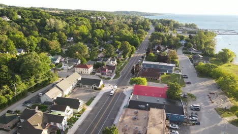 Iconic-Suttons-Bay-downtown-in-Michigan,-aerial-drone-view